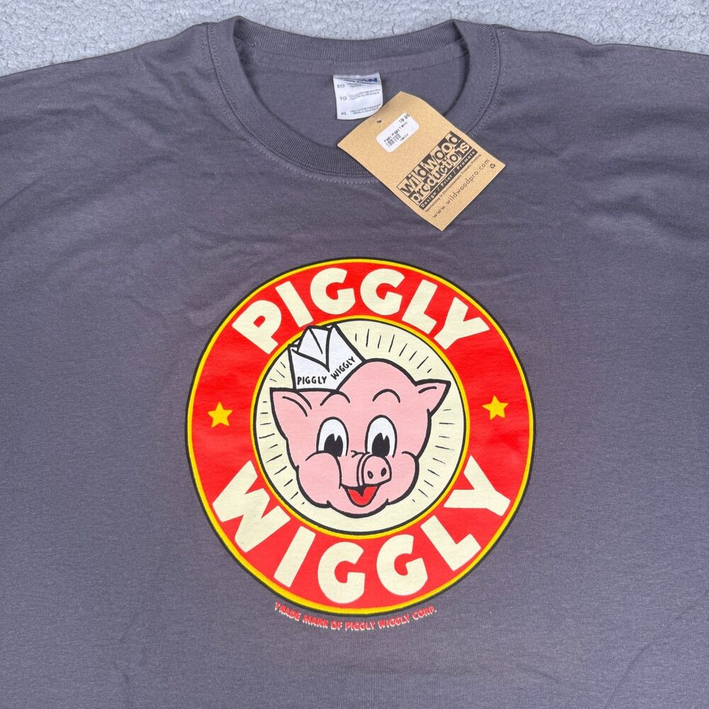 Piggly Wiggly T Shirt Mens XL Gray Graphic Logo Pig Mascot NWT Ultra Cotton Tee